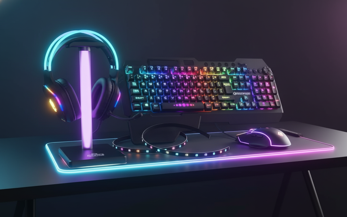 GAMEPUNK Codebreakers 6-in-1 Bundle - premium cyberpunk hero shot, unified cyan-violet RGB palette on dark gaming desk