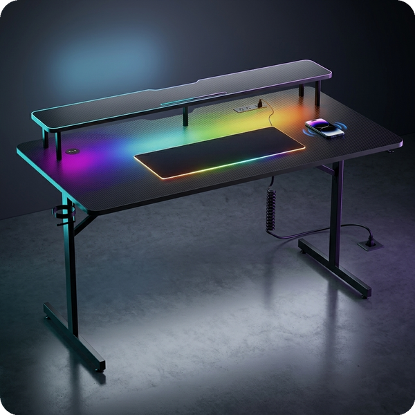 GADGEX premium cover - GTRACING Escritorio Gamer en T con LED RGB y Carga Inalámbrica