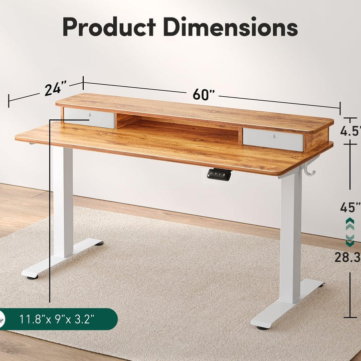 60 X 24 Inch Height Adjustable Electric Standing Desk with Double Drawer, Stand up Desk with Storage Shelf, Sit Stand Desk, Light Rustic