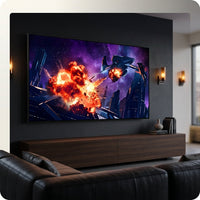 Samsung 75-inch M70HB Mini LED 4K Smart TV wall-mounted in modern home theater living room with cinematic content