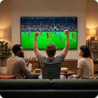 Friends watching live soccer match together on VIZIO 75-inch Quantum 4K QLED Smart TV