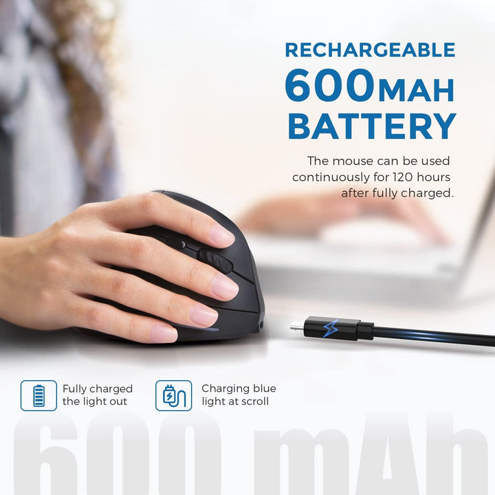 Rechargeable Ergonomic Mouse, 2.4G Wireless Vertical Mouse-Reduce Wrist Pain, 3 Adjustable DPI 2400/1600/1000, 6 Button, LED Wireless Mouse for Laptop, Computer, Desktop, Windows, Mac OS