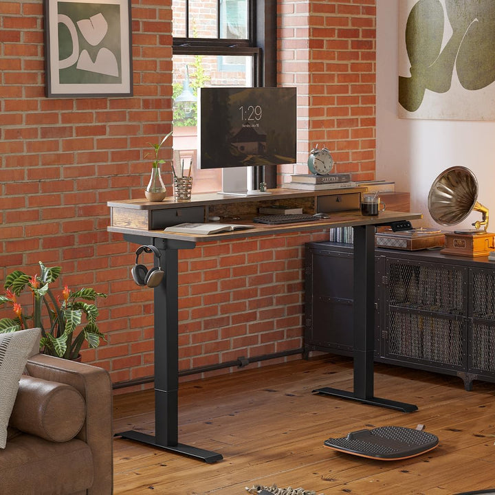55 X 24 Inch Height Adjustable Electric Standing Desk with Double Drawer, Stand up Desk with Storage Shelf, Sit Stand Desk, Rustic Brown