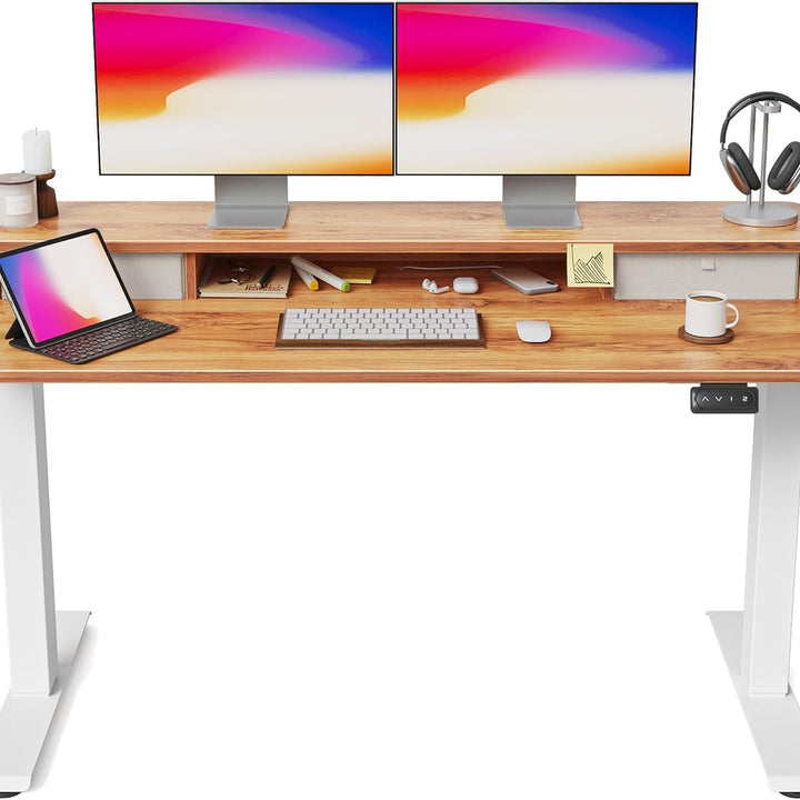 60 X 24 Inch Height Adjustable Electric Standing Desk with Double Drawer, Stand up Desk with Storage Shelf, Sit Stand Desk, Light Rustic