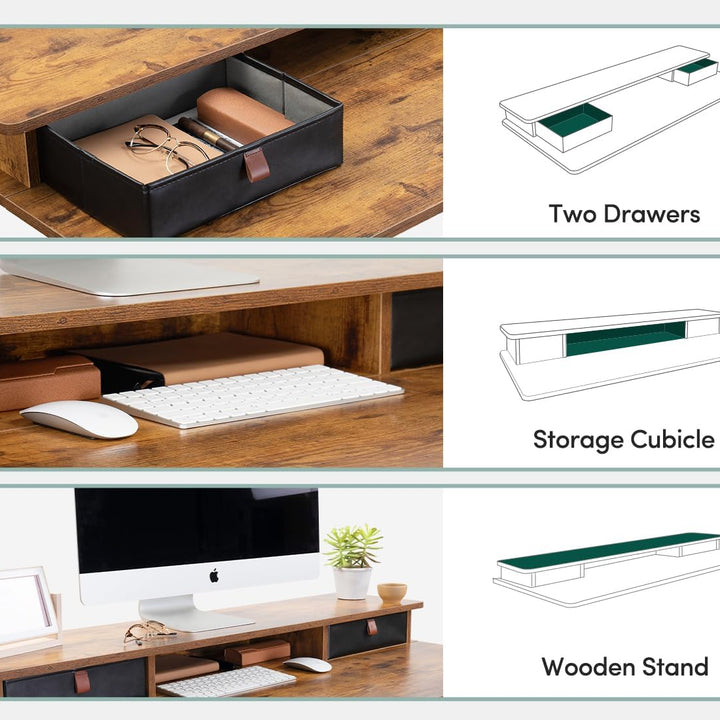 55 X 24 Inch Height Adjustable Electric Standing Desk with Double Drawer, Stand up Desk with Storage Shelf, Sit Stand Desk, Rustic Brown