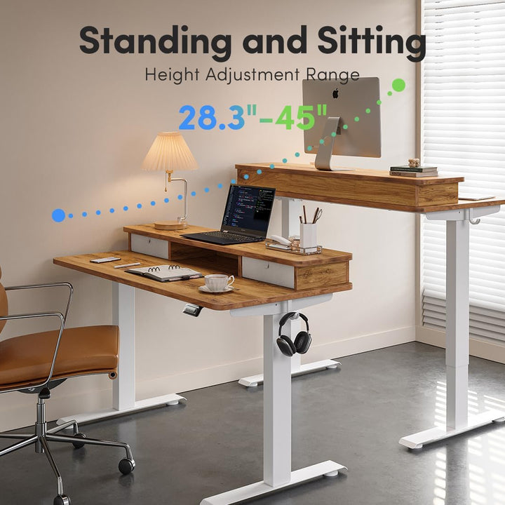 60 X 24 Inch Height Adjustable Electric Standing Desk with Double Drawer, Stand up Desk with Storage Shelf, Sit Stand Desk, Light Rustic