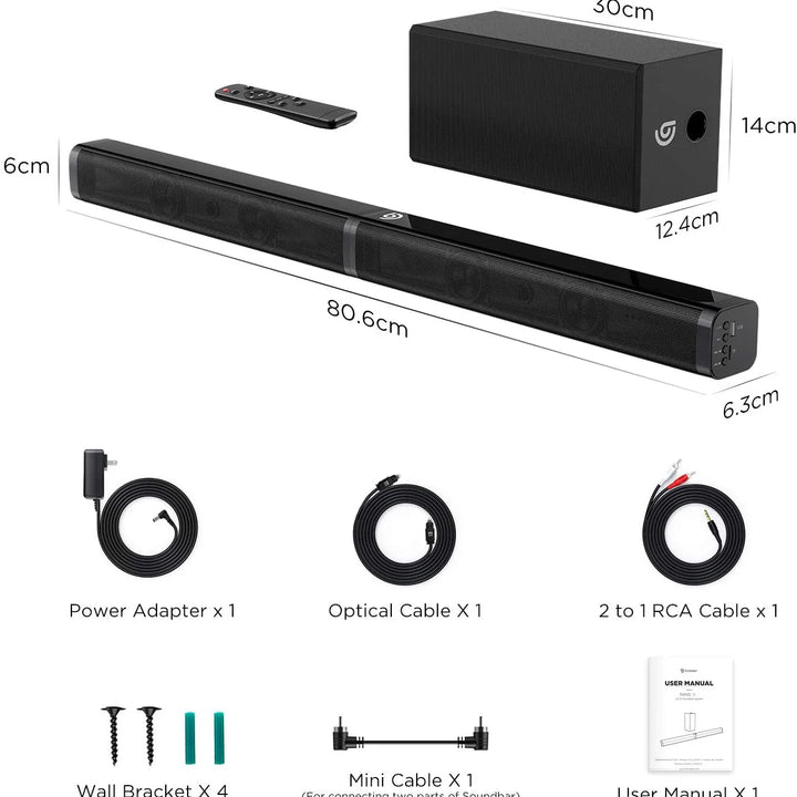 Sound Bar for Smart TV with Dolby Atmos, 190W Peak Power Soundbar with Subwoofer, TV Sound Bar with Bass Boost, Home Theater Audio Sound Bars for TV Speakers