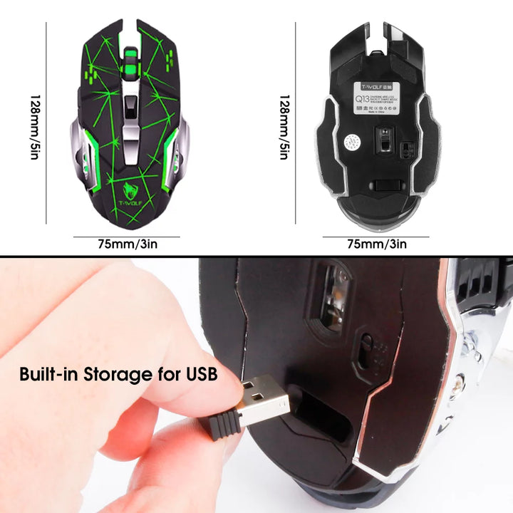 Wireless Gaming Mouse with Buttons on Side Rechargeable Computer Mice with Light