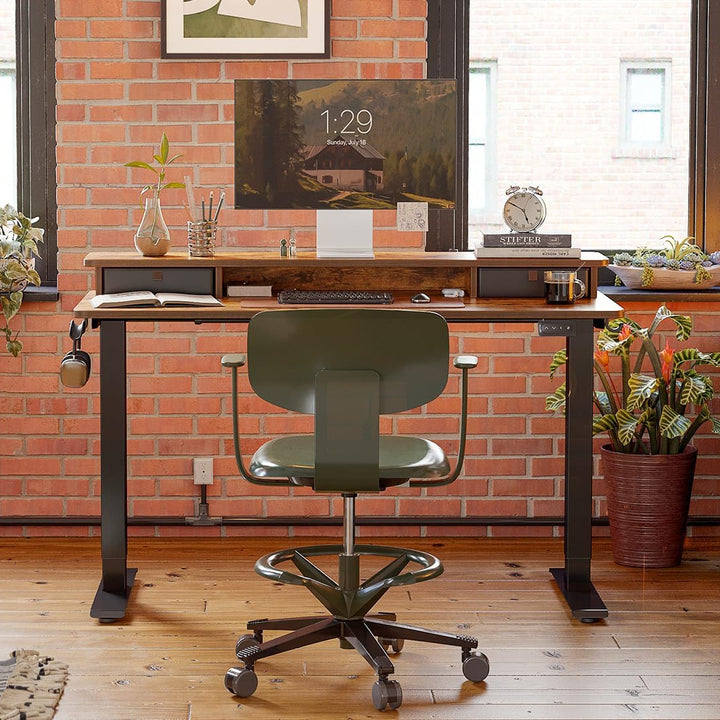 55 X 24 Inch Height Adjustable Electric Standing Desk with Double Drawer, Stand up Desk with Storage Shelf, Sit Stand Desk, Rustic Brown