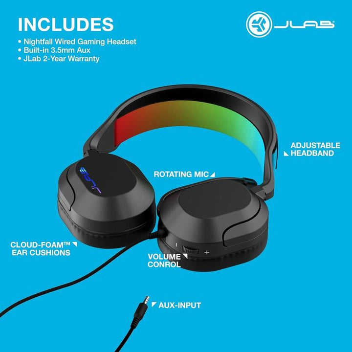 Jlab Nightfall Gaming Headset, Flip-To-Mute Rotating Boom Mic, 50Mm Drivers, Wired 3.5Mm for PC, PS5, PS4, Xbox Series X/S, Xbox One, Switch,