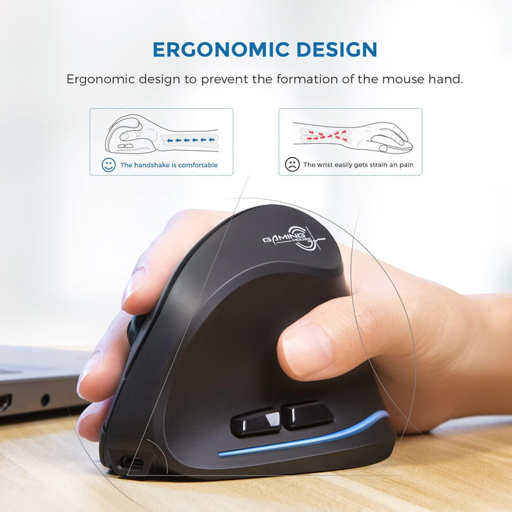 Rechargeable Ergonomic Mouse, 2.4G Wireless Vertical Mouse-Reduce Wrist Pain, 3 Adjustable DPI 2400/1600/1000, 6 Button, LED Wireless Mouse for Laptop, Computer, Desktop, Windows, Mac OS