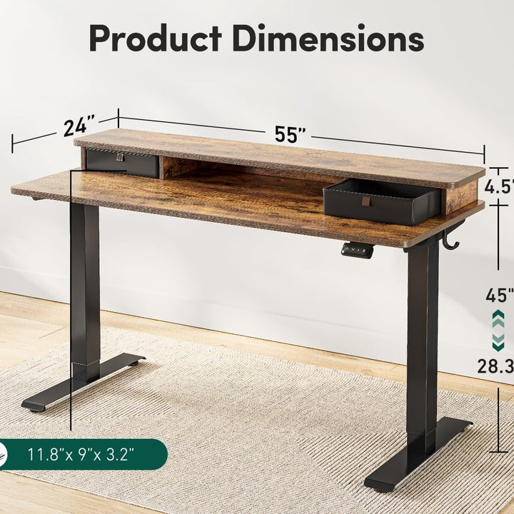 55 X 24 Inch Height Adjustable Electric Standing Desk with Double Drawer, Stand up Desk with Storage Shelf, Sit Stand Desk, Rustic Brown