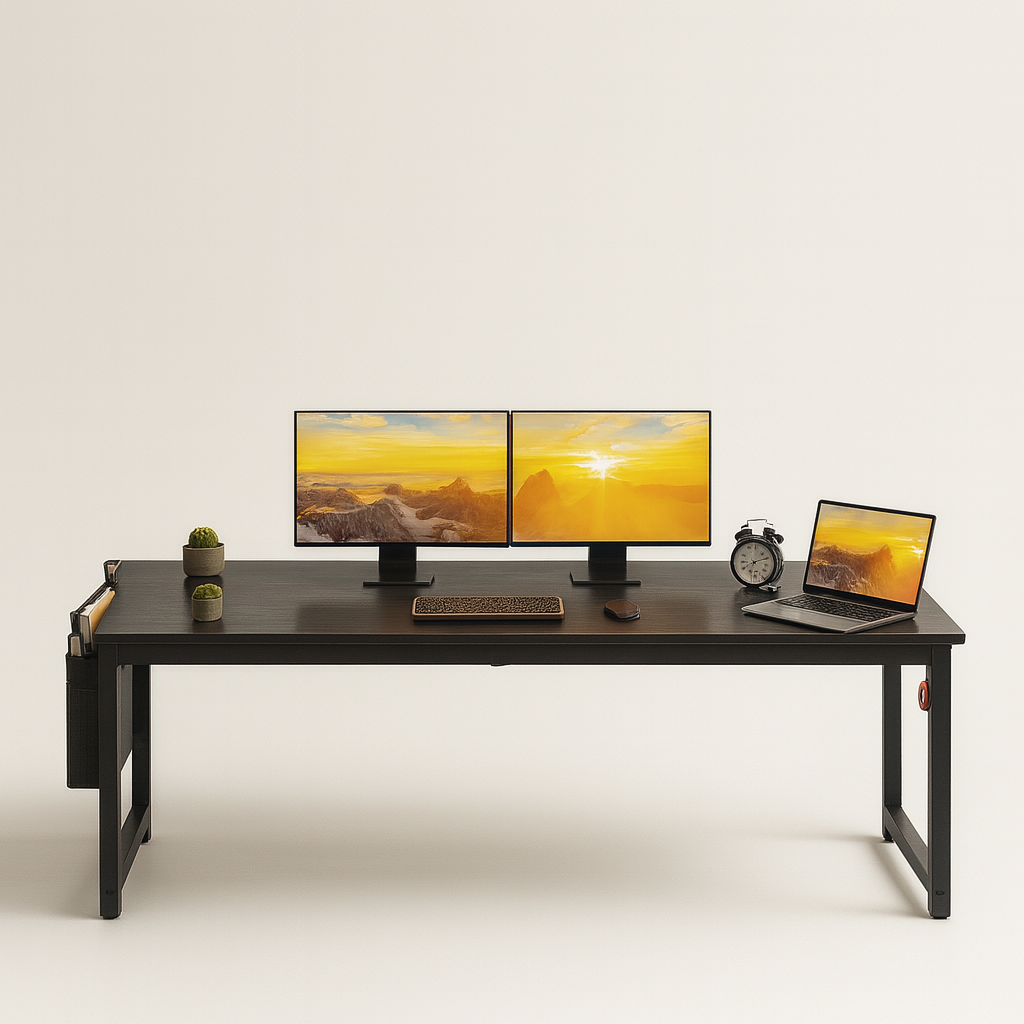 Modern office desk with dual monitors and a laptop on a plain background