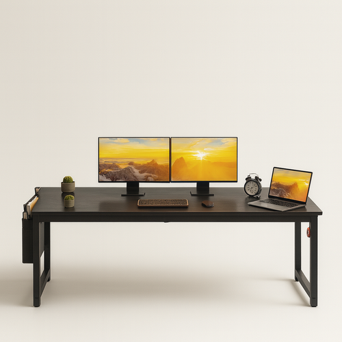 Modern office desk with dual monitors and a laptop on a plain background