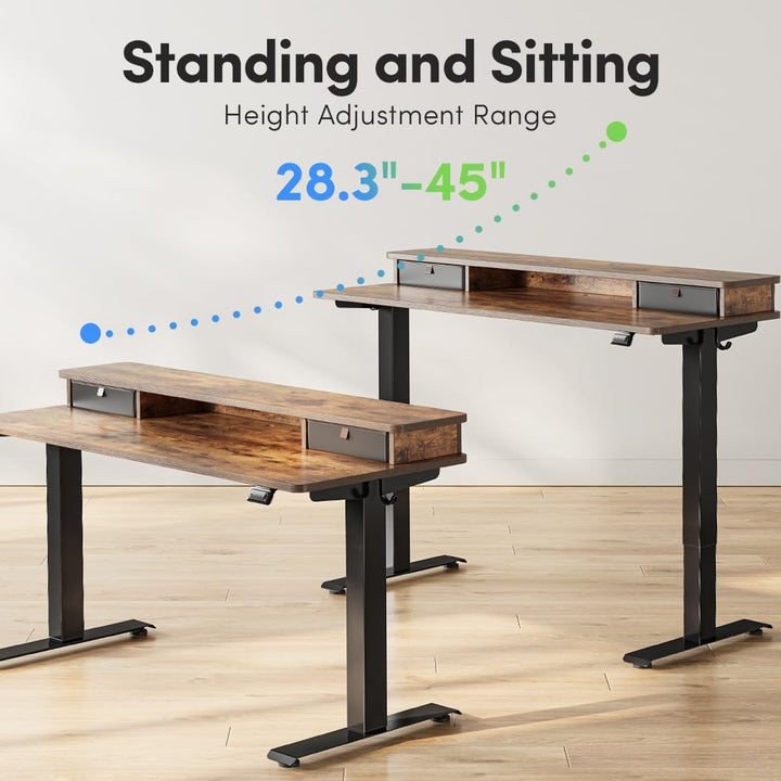 55 X 24 Inch Height Adjustable Electric Standing Desk with Double Drawer, Stand up Desk with Storage Shelf, Sit Stand Desk, Rustic Brown