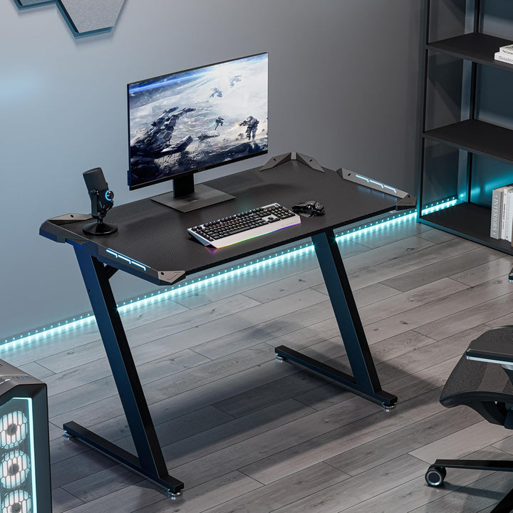 Gaming Desk with LED Lights Home Office Desk Gamer RGB Desk, Small Computer Desks, Z1S-V4 Gaming Computer Desk, Black