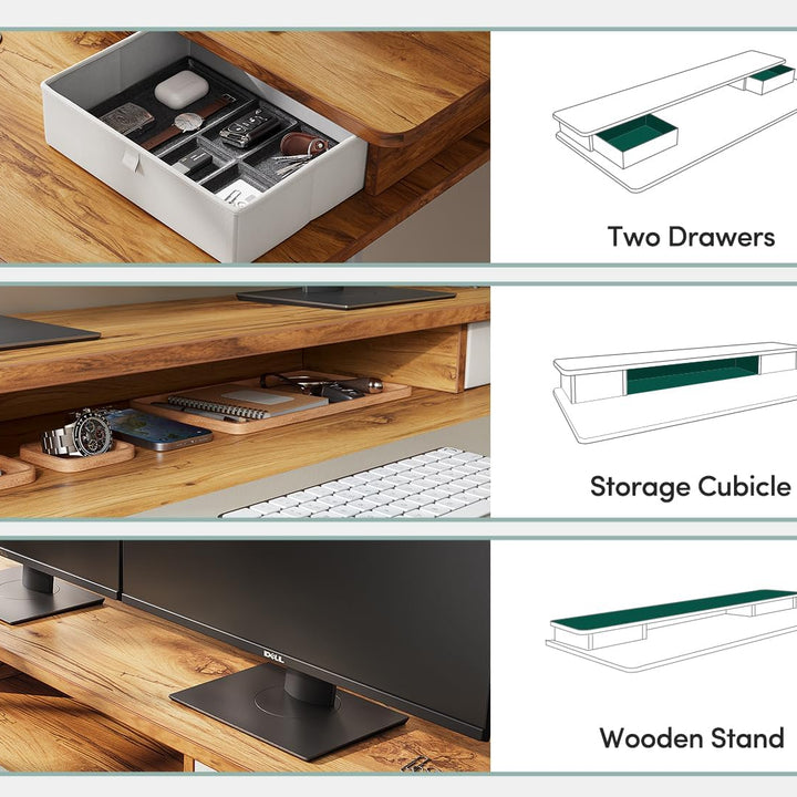 60 X 24 Inch Height Adjustable Electric Standing Desk with Double Drawer, Stand up Desk with Storage Shelf, Sit Stand Desk, Light Rustic