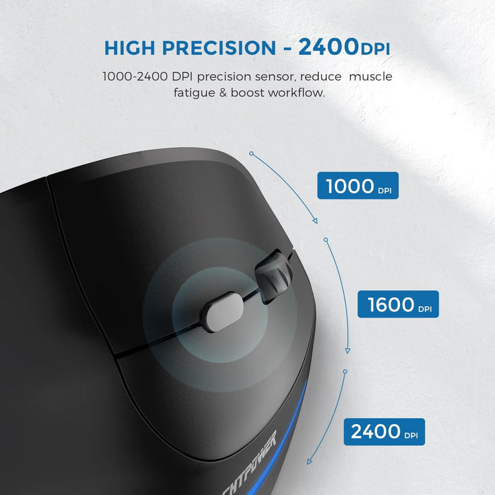 Rechargeable Ergonomic Mouse, 2.4G Wireless Vertical Mouse-Reduce Wrist Pain, 3 Adjustable DPI 2400/1600/1000, 6 Button, LED Wireless Mouse for Laptop, Computer, Desktop, Windows, Mac OS