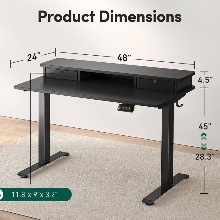 48 X 24 Inch Height Adjustable Electric Standing Desk with Double Drawer, Stand up Desk with Storage Shelf, Sit Stand Desk, Black