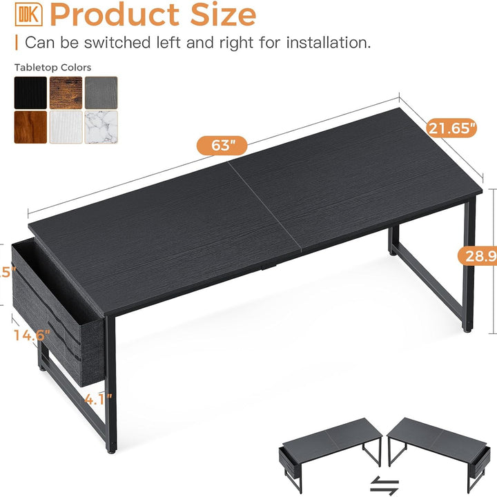 Computer Desk Large Office Desk, 63 Inch Gaming Desk with Storage, Modern PC Desk Work Table with Headphone Hook for Home Office, Black