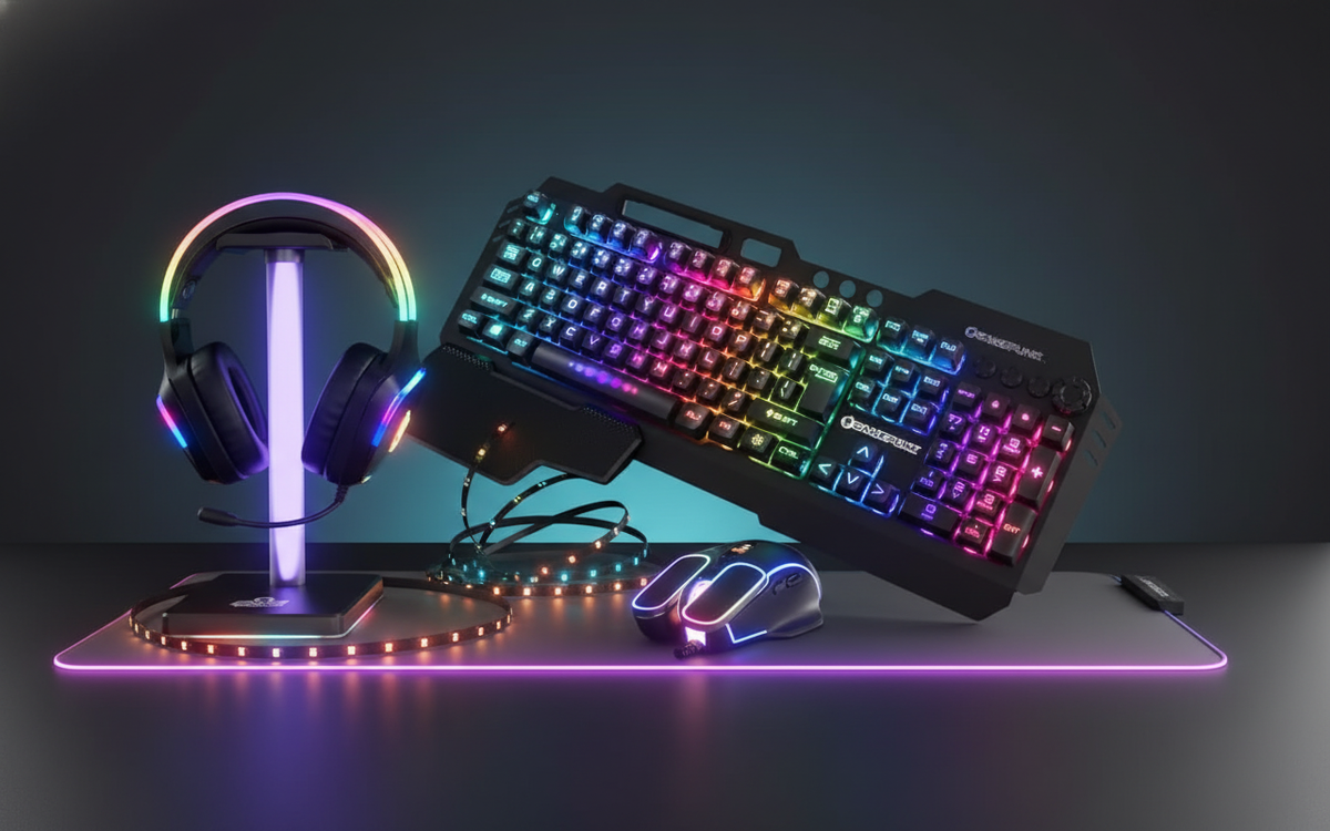 GAMEPUNK Codebreakers 6-in-1 Bundle - dark studio centered composition with headset stand