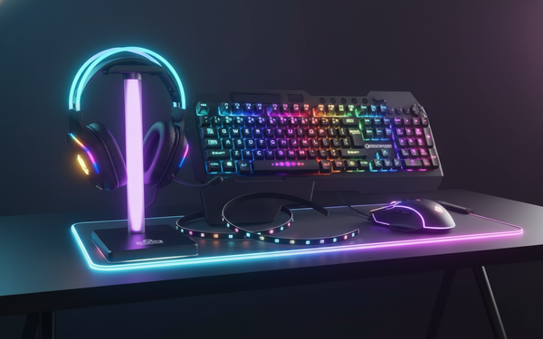 GAMEPUNK Codebreakers 6-in-1 Bundle - premium cyberpunk hero shot, unified cyan-violet RGB palette on dark gaming desk