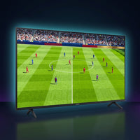 Samsung 65-inch Crystal UHD 4K TV showing a vivid live soccer match, premium dark studio with cyan glow