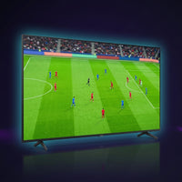 Samsung 75-inch Crystal UHD 4K TV showing a vivid live soccer match, premium dark studio with cyan glow