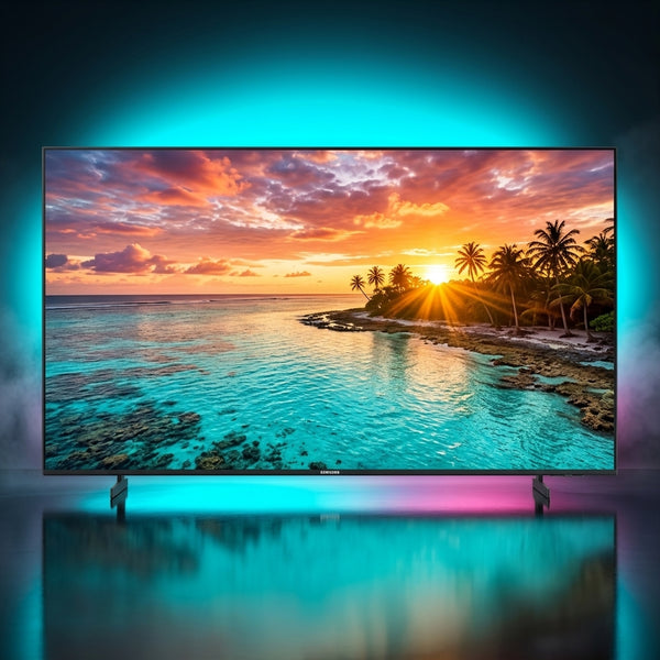 Samsung 85-inch U8000H Crystal UHD 4K Smart TV in a premium showroom with cyan ambient glow, tropical sunset on screen