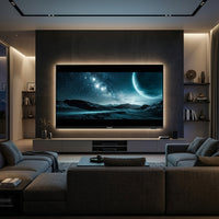 Samsung 85-inch Crystal UHD 4K TV wall-mounted in a spacious premium home theater at night