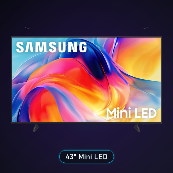 Samsung 43-inch M70HB Mini LED 4K Smart TV 2026 premium rectangular hero on dark gradient